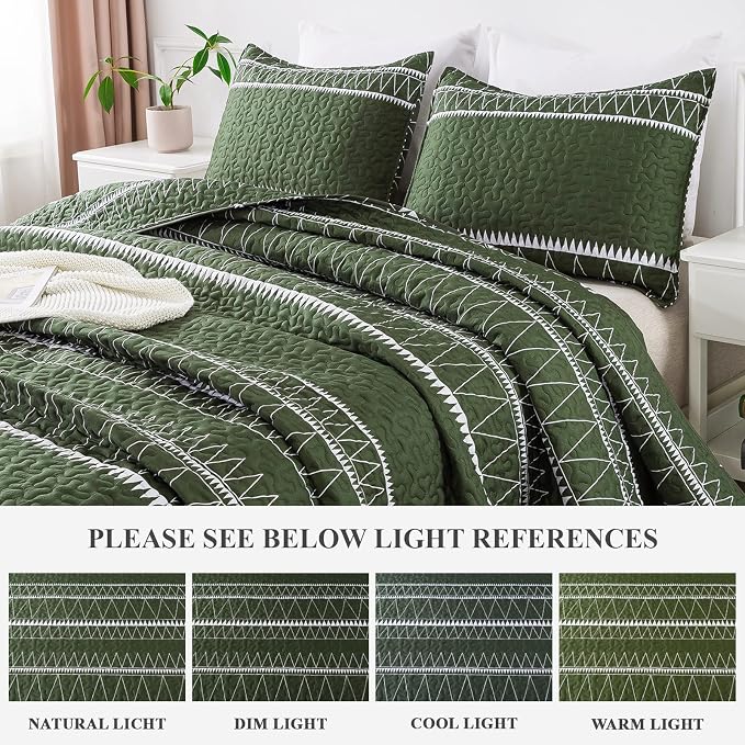 Andency Green California King Quilt Set, 3 Pieces Boho Lightweight Soft Striped - Image 4