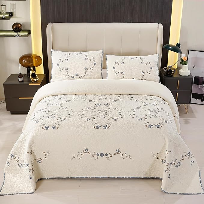 Quilt Set Blue Floral 3D Embroidery Pattern 3 PCS 100% Cotton Reversible - Image 7