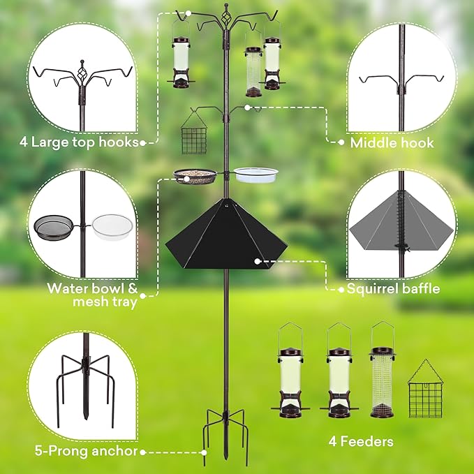 YINGYM 6-Hook Bird Feeding Station Kit, 94 Inch Heavy Duty Bird Feeder Stand - Image 3