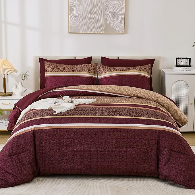 WONGS BEDDING Burgundy Comforter Set Queen Size, 7 Pieces Maroon Striped Bed in - Image 2