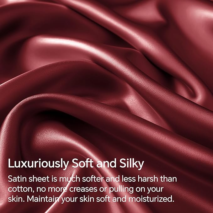 BEDELITE King Size Sheets Set, Luxury Soft Burgundy Satin Sheets - Image 3