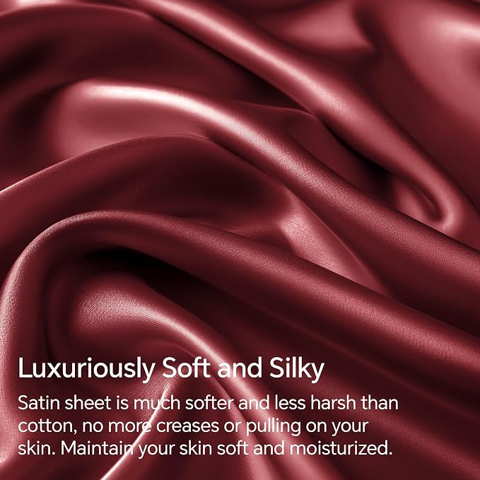 BEDELITE California King Sheets Set, Luxury Soft Burgundy Satin Sheets - Image 3