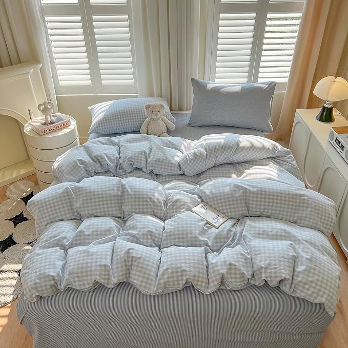 mixinni Light Blue Gingham Duvet Cover Set Twin XL Size - Image 3