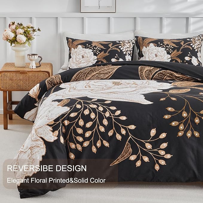 mixinni Floral Duvet Cover King Size, 3 Pieces White Flowers and Gold Leaves - Image 3