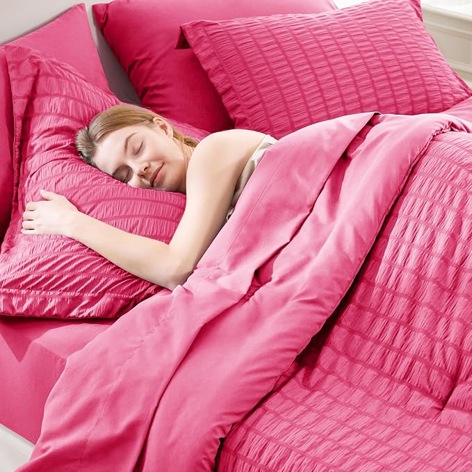 CozyLux Queen Comforter Set Hot Pink Seersucker 7 Pieces Bed in a Bag Queen - Image 5