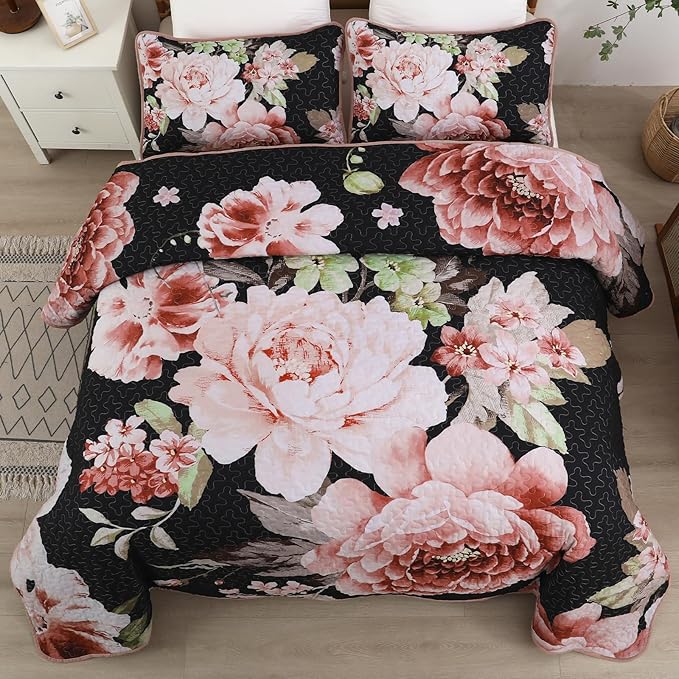 WONGS BEDDING Black Quilt Set King, Elegant Botanical Printed Bedspreads 3 - Image 2