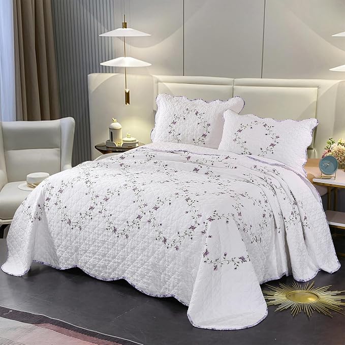 Quilt Set Purple Floral 3D Embroidery Pattern 3 PCS 100% Cotton Reversible - Image 2
