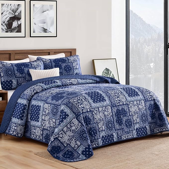Cottolester King Quilt Set 3 Pieces, Boho Farmhouse Bedspread Soft Microfiber - Image 2