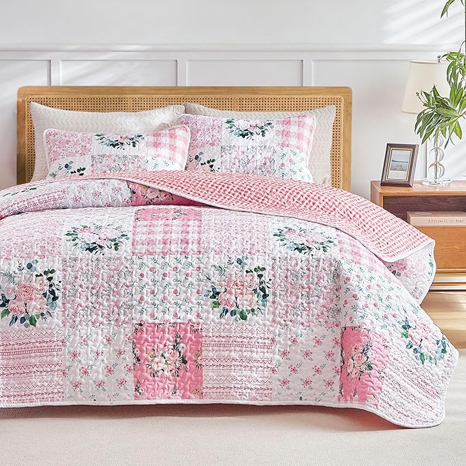Joyreap 3 Pieces Floral Patchwork Quilt Set King, Soft n Cozy Microfiber Quilt - Image 3