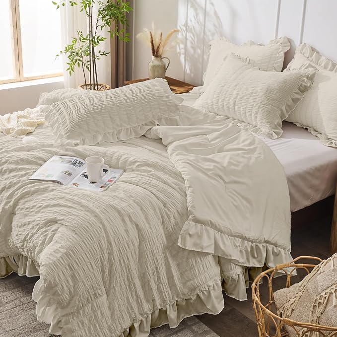 JOLLYVOGUE Twin Size Comforter Set, 2 Pieces Oatmeal Seersucker Lightweight - Image 7