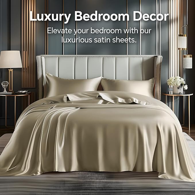 BEDELITE California King Sheets Set, Luxury Soft Taupe Satin Sheets - Image 2