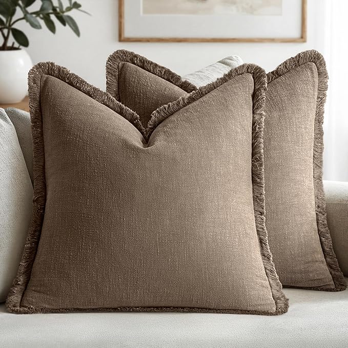 MIULEE Decorative Throw Pillow Covers Neutral Linen Fringe Throw Pillows Euro by MIULEE