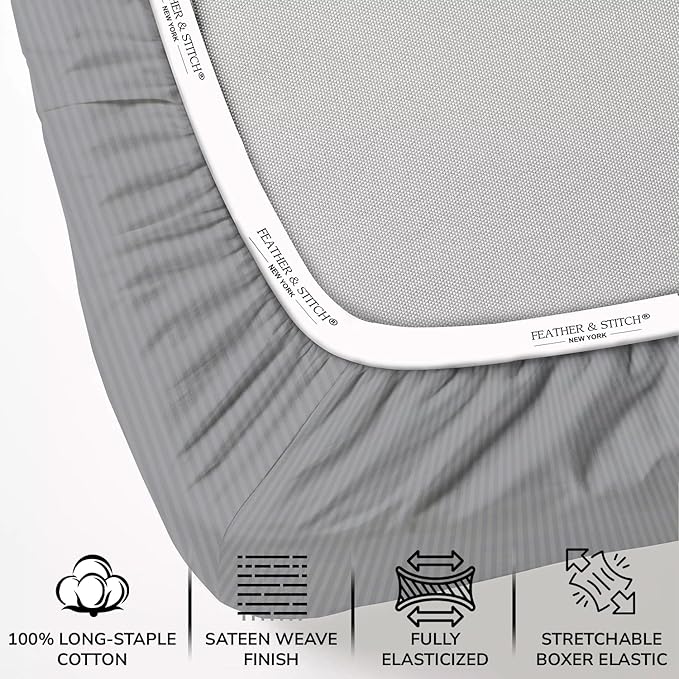 Feather & Stitch 1 Piece Fitted Sheet Full Size, 100% Cotton Damask Sateen Weave - Image 2