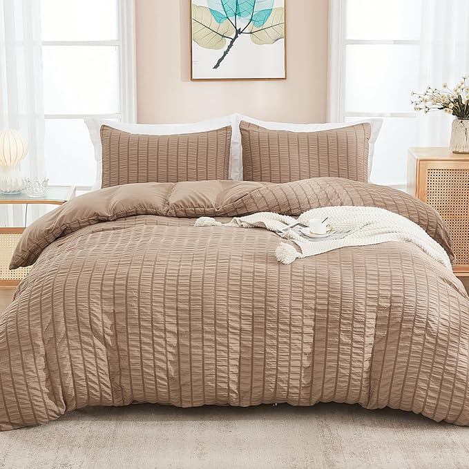 AveLom Seersucker Duvet Cover Set Queen Size, 3 Pieces, Taupe Ultra Soft Washed by AveLom