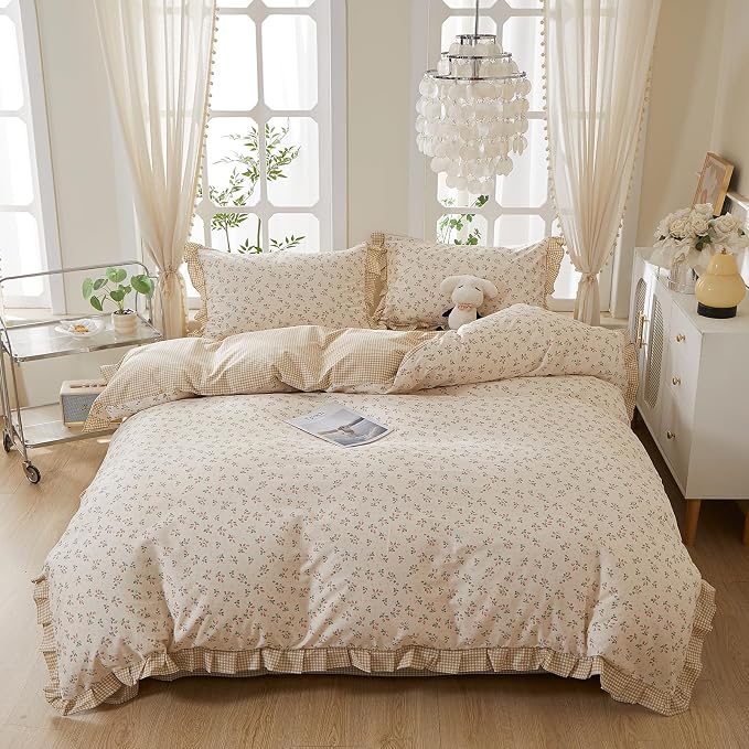 mixinni Beige Floral Duvet Cover Twin XL Size, 100% Cotton Cute Strawberry - Image 9