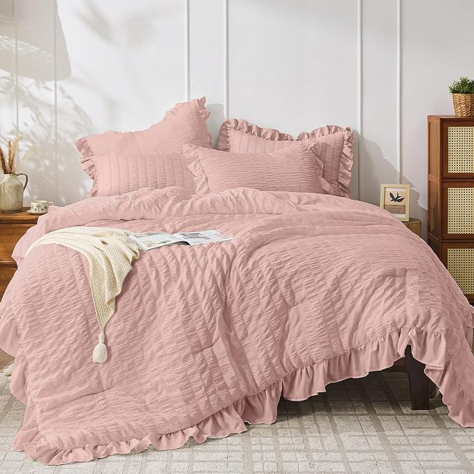 JOLLYVOGUE Queen Comforter Set, 3 Pieces Rose Gold Seersucker Comforters Queen by JOLLYVOGUE