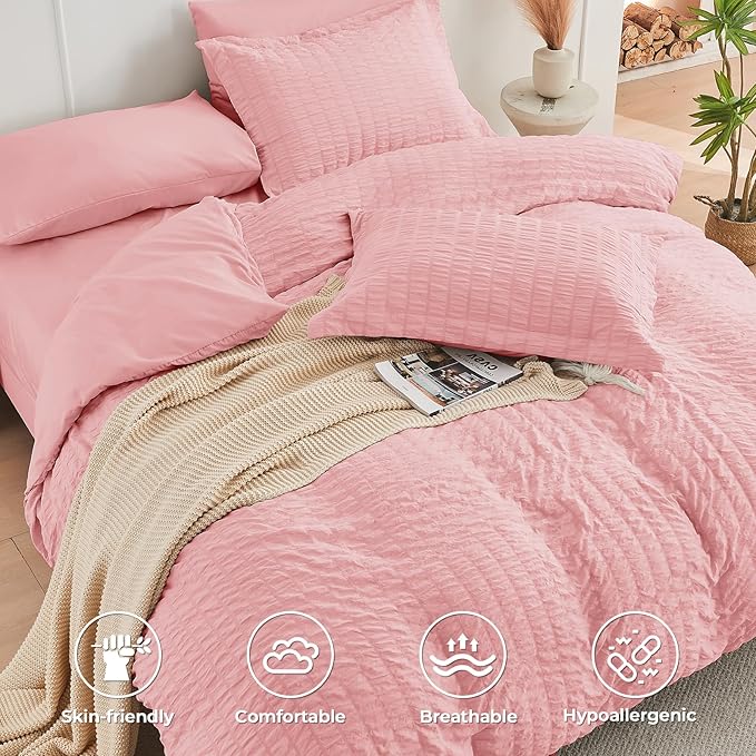 HYMOKEGE Rose Pink Full Size Comforter Sets Seersucker 7 Pieces, All Season - Image 3