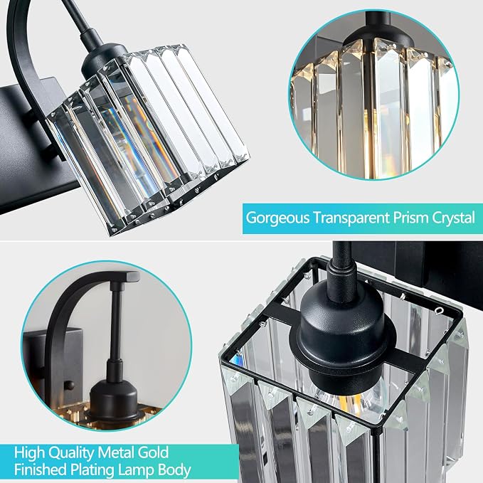 Crystal Vanity Lights 2-Light Black Wall Lamp Modern Crystal Bathroom Light - Image 5