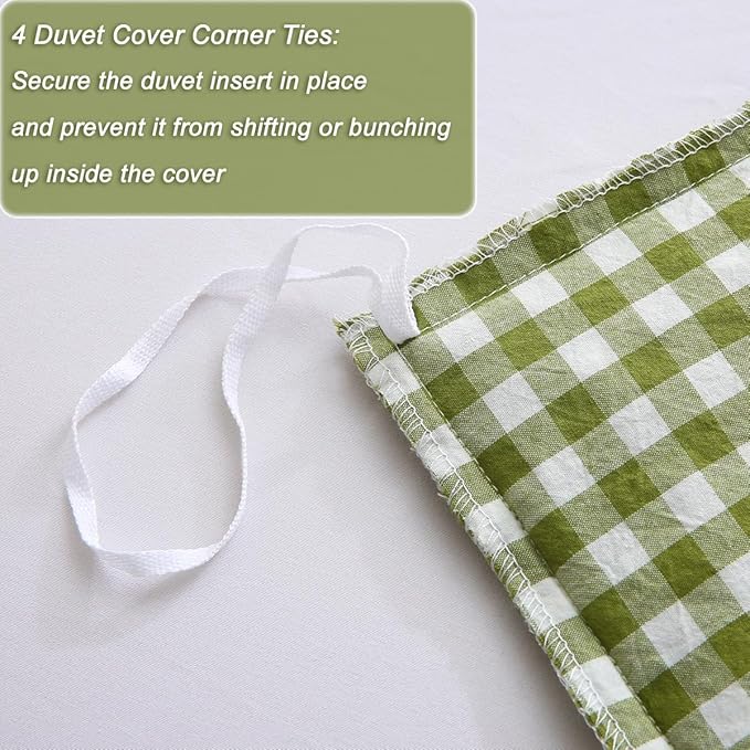 Silnuo Olive Green/White Checkered Ruffle 3-Piece Duvet Cover Set Twin Size - Image 7