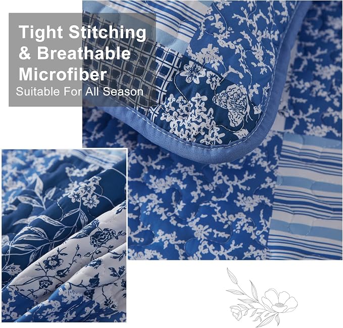 Mybedsoul Blue Boho Quilt Set Queen Size, 3 Pieces Plaid Floral Bedspread - Image 3