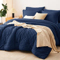 CozyLux Oversized Queen Comforter Set Navy Blue Seersucker 7 Pieces 98x98 Bed by CozyLux