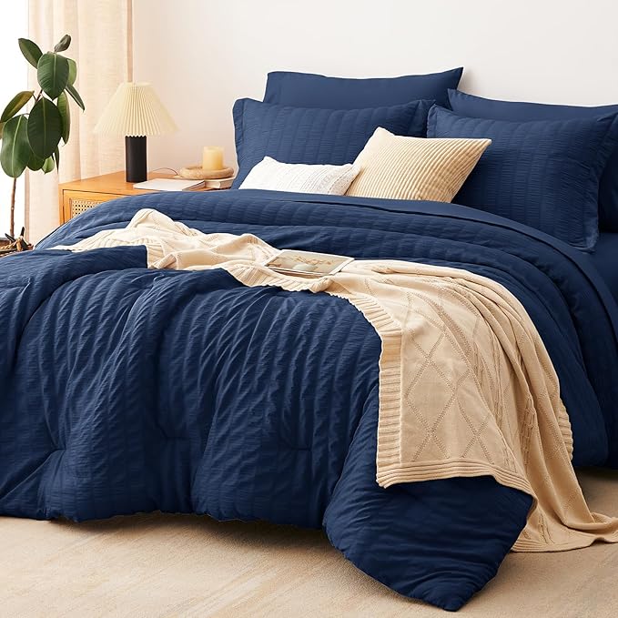 CozyLux King Size Comforter Set Navy Blue Seersucker 7 Pieces Bed in a Bag King by CozyLux