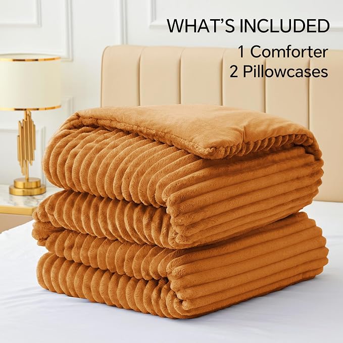 BEDELITE Fleece King Comforter Set -Super Soft & Warm Fluffy Rust Orange Bedding - Image 7