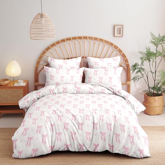 Nayoroom Pink Bow Duvet Cover Queen Size Heart Duvet Cover Coquette Bedding Set - Image 3