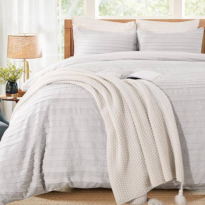 NEXHOME PRO Duvet Cover Queen, Light Grey 3 Pieces Boho Tufted Duvet Cover Set by NEXHOMEPRO