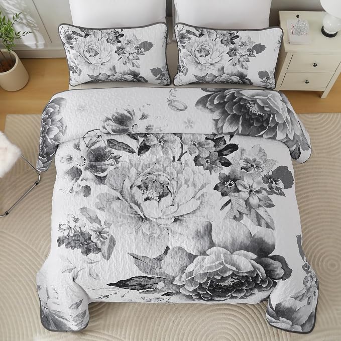 WONGS BEDDING Grey Boho Floral Quilt Set Queen, Elegant Gray Flower Bedspread - Image 3
