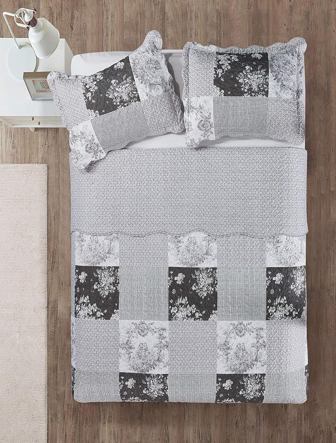 Brilliant Sunshine Grey Toile Floral Patchwork, 3-Piece Quilt Set - Image 7
