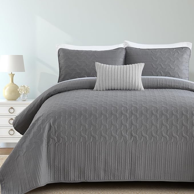 Yiran Grey Quilt Set King Size Lightweight Bedspread Ultrasonic Wave Pattern by Yiran