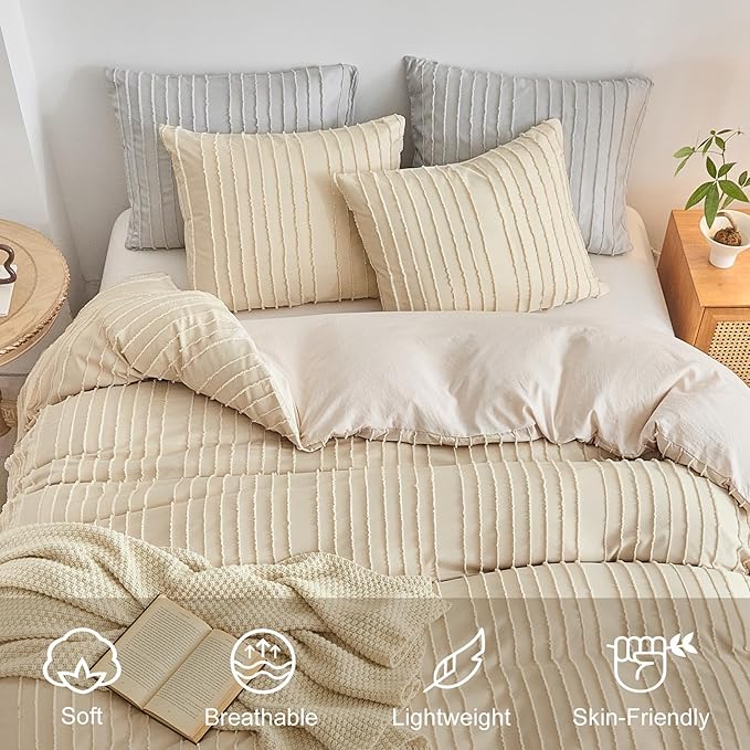 WARMDERN Khaki Boho Duvet Cover Set Full Size, Striped Textured Tufted Bedding - Image 3