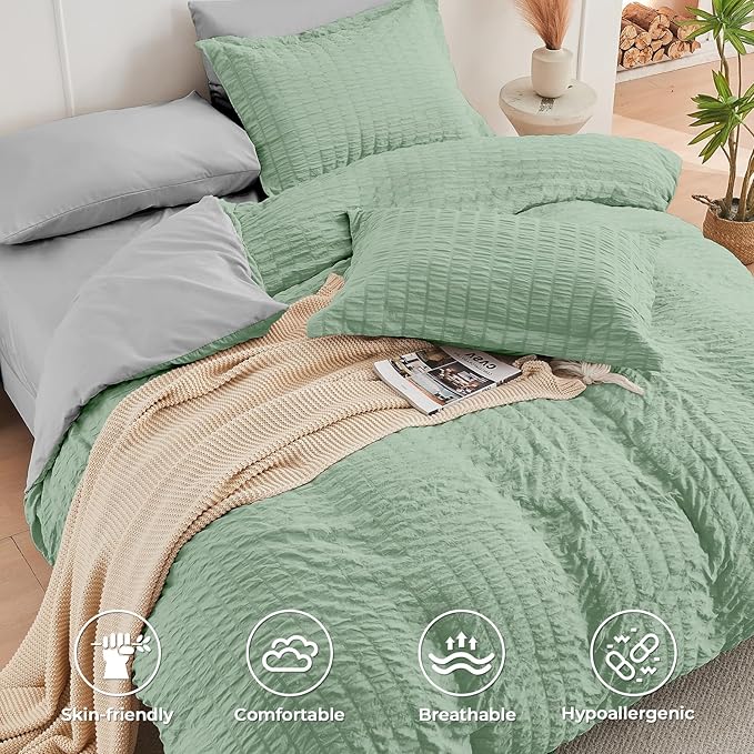 HYMOKEGE Sage Green/Light Grey King Size Comforter Set Seersucker 7 Pieces - Image 3