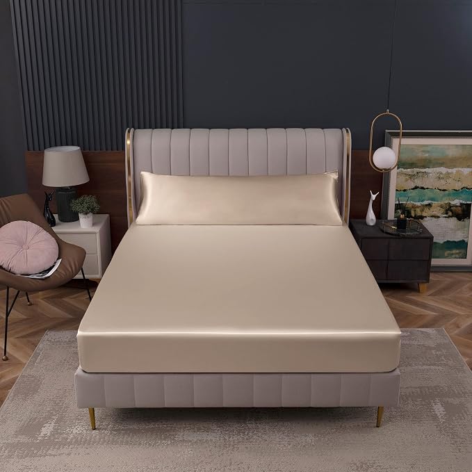 Homiest Taupe Satin Fitted Sheet Queen Size, Deep Pocket, Luxury & Ultra Soft - Image 7