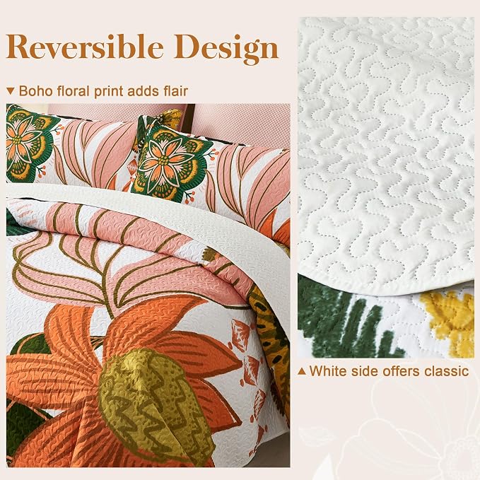 Tyrot 3 Piece Boho Floral King Size Quilt Sets Farmhouse Botanical Reversible - Image 3