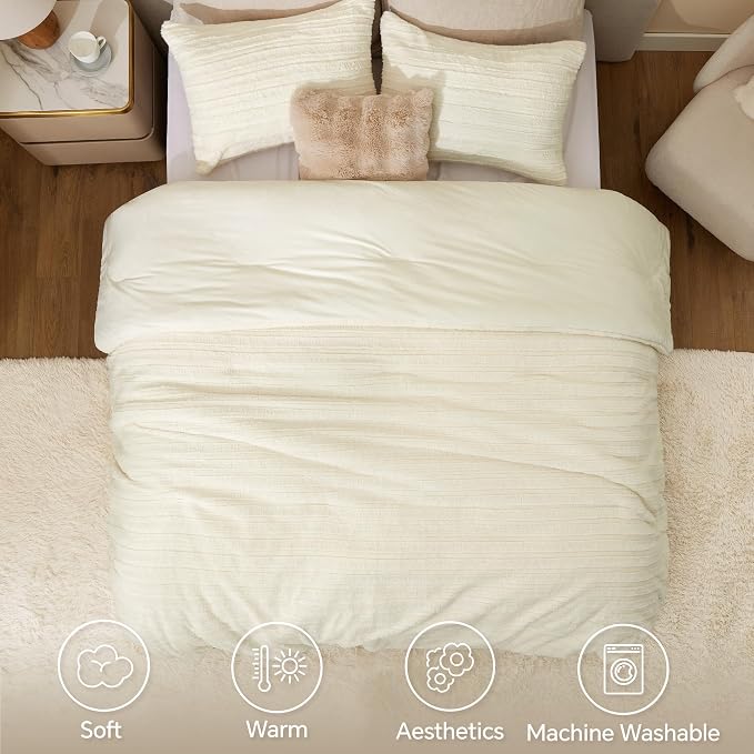 BEDELITE Fleece King Comforter Set -Super Soft & Warm Fluffy Cream White Faux - Image 3