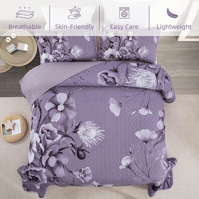 Floral Quilt Set King Size Bedding Set 3 Pieces Dark Purple Boho Floral Quilt - Image 5