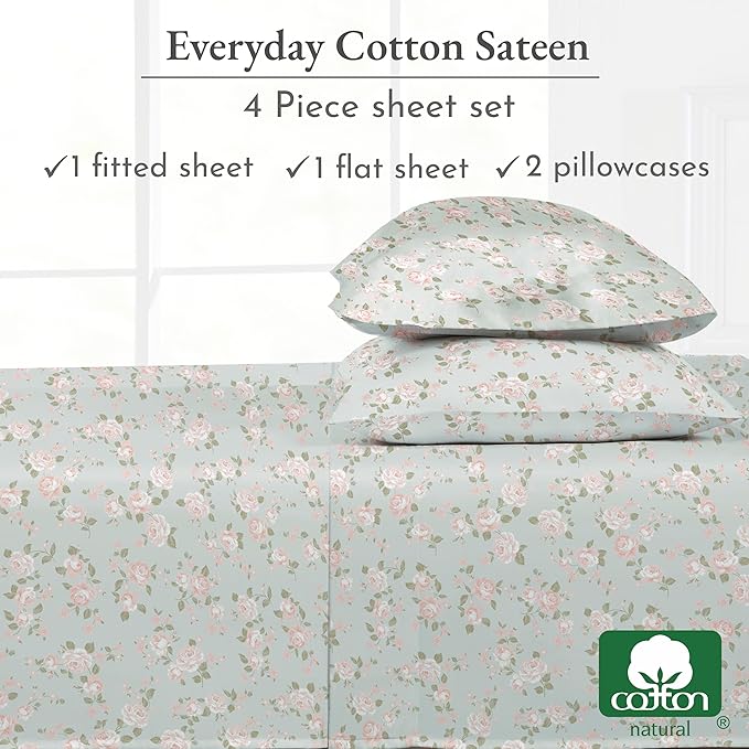California Design Den Printed Pattern Rose Queen Sheet Set, 100% Cotton Sateen - Image 6
