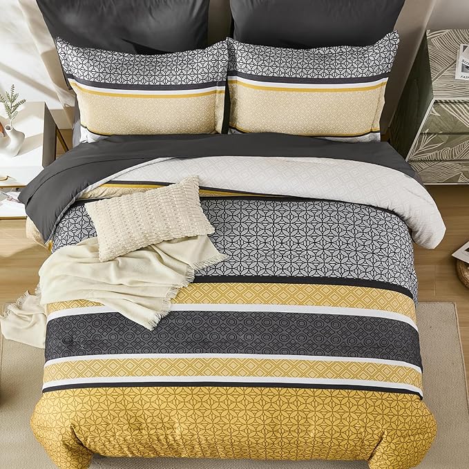 WONGS BEDDING Yellow Grey King Comforter Set 7 Pieces, Boho Striped Bed in a - Image 3
