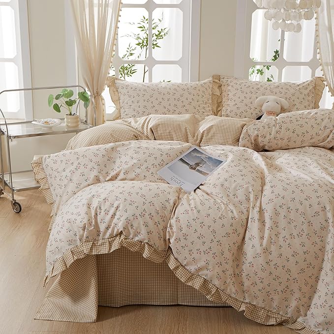 mixinni Beige Floral Duvet Cover Twin XL Size, 100% Cotton Cute Strawberry by mixinni