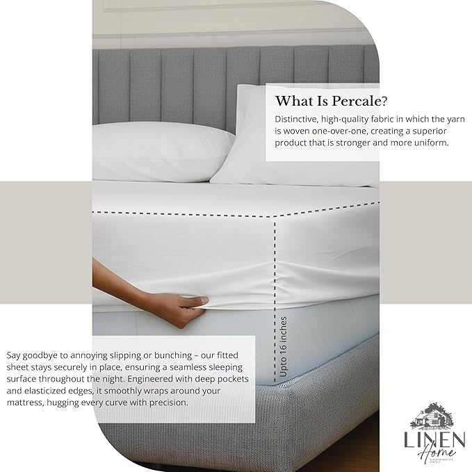 Linen Home 100% Cotton Percale Sheet Set, Twin Size, Deep Pocket, 4 Pieces Set - Image 4