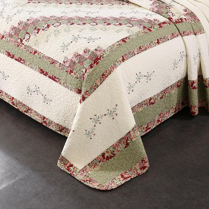 ROOMLIFE Quilt Set King Size 3D Floral Embroidery Pattern 3-Piece Cotton - Image 2