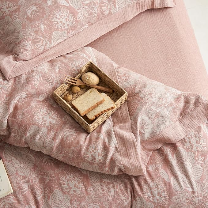 mixinni Duvet Cover King, Premium Cotton Double-Layer Yarn Pink Floral Jacquard - Image 5