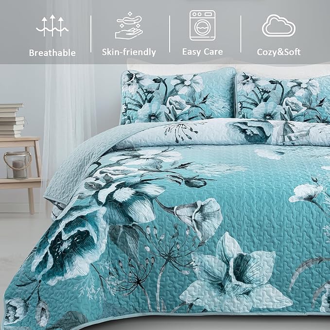 Blue Floral Quilt Set Queen 3 Pieces Boho Flower Quilt Coverlet Set Soft - Image 3