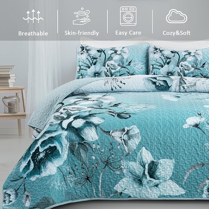Blue Floral Quilt Set King Size 3 Pieces Boho Flower Quilt Coverlet Set Soft - Image 3