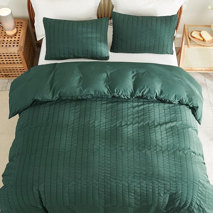 AveLom Dark Green Seersucker Duvet Cover Set Full Size, 3 Pieces, Ultra Soft - Image 6