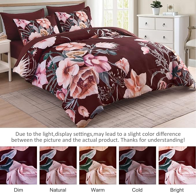 Luxudecor Burgundy Floral Comforter Set King Size 7 Piece, Flower Bed in a Bag - Image 8