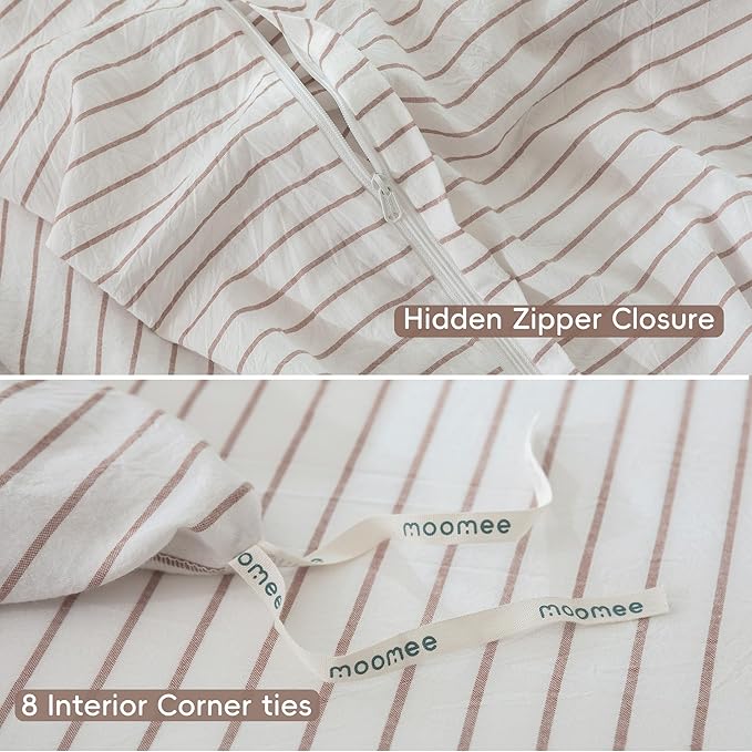 MooMee Striped Duvet Cover Set 100% Washed Cotton Linen Like Textured - Image 7