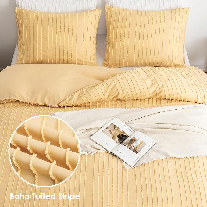 WARMDERN Yellow Boho Duvet Cover Set Queen Size, Striped Textured Duvet Cover - Image 2